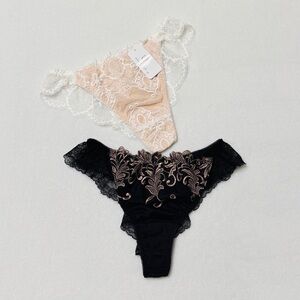 Set Of 2 Pairs US-S  Japanese Brand Gorgeous Floral Embroidery String Thongs Set